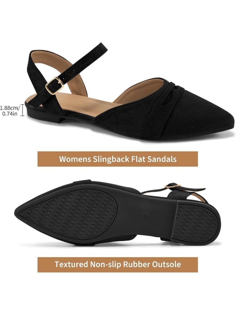 Women's Black Slingback Closed Pointed Toe Comfortable Dressy Flat Casual Shoes - Picture 5 of 6